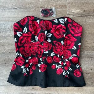 White House Black Market Red Floral Strapless Blouse